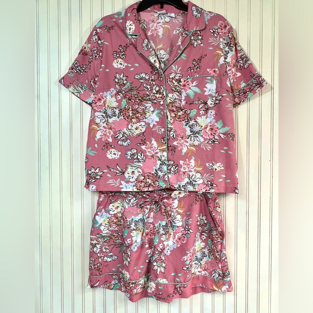 Cupcakes & Cashmere Pajama Set Short Sleeve Top Shorts Pink Boho Floral Large